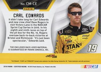 2016 Panini Certified - Complete Materials Mirror Red #CM-CE Carl Edwards Back