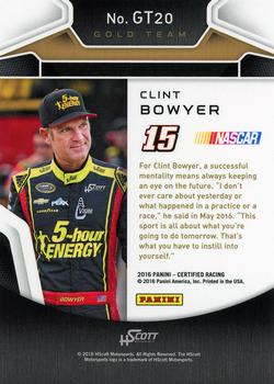 2016 Panini Certified - Gold Team Mirror Red #GT20 Clint Bowyer Back