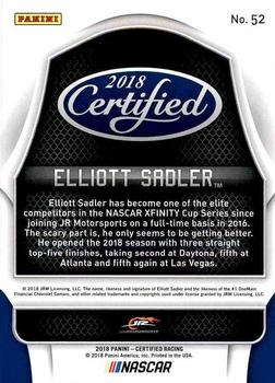 2018 Panini Certified #52 Elliott Sadler Back