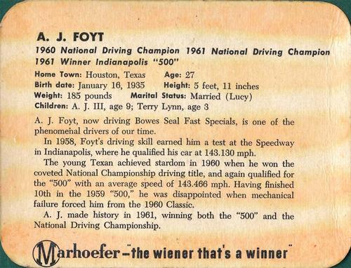 1962 Marhoefer Meats #NNO A.J. Foyt Back