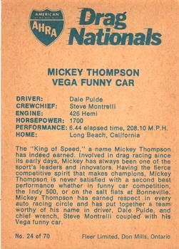 1972 Fleer AHRA Drag Nationals Canadian #24 Dale Pulde /Mickey Thompson Back