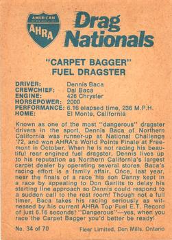 1972 Fleer AHRA Drag Nationals Canadian #34 Dennis Baca Back