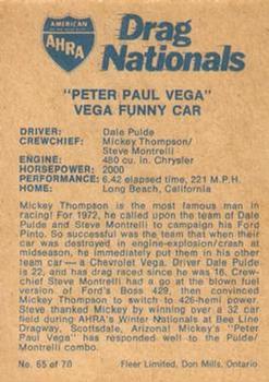 1972 Fleer AHRA Drag Nationals Canadian #65 Dale Pulde / Mickey Thompson Back