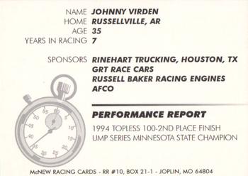 1995 McNew Racing Cards Series 1 #NNO Johnny Virden Back
