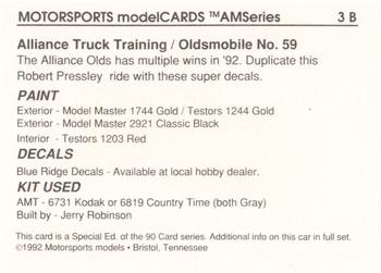 1992 Motorsports Modelcards Blue Ridge Decals #3 B Robert Pressley Back