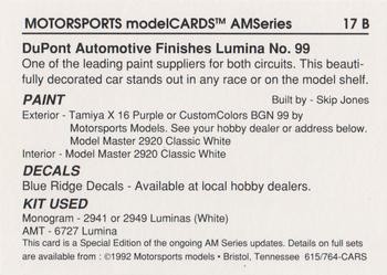 1992 Motorsports Modelcards Blue Ridge Decals #17 B Ricky Craven Back