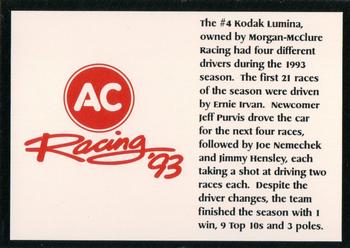 1993 AC Racing 93 Collectable AC Spark Plug/Race Card Sets #NNO Ernie Irvan / Jeff Purvis / Joe Nemechek / Jimmy Hensley Back