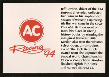 1994 AC Racing 94 Collectable AC Spark Plug/Race Card Sets #NNO Jeff Gordon Back