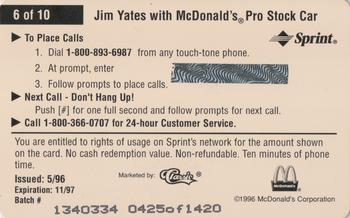 1996 Classic McDonald's Racing Phone Cards #6 Jim Yates Back