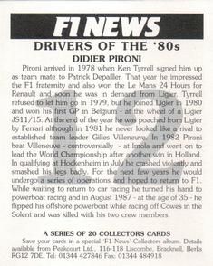 1995 F1 News Drivers Of The '80's #12 Didier Pironi Back