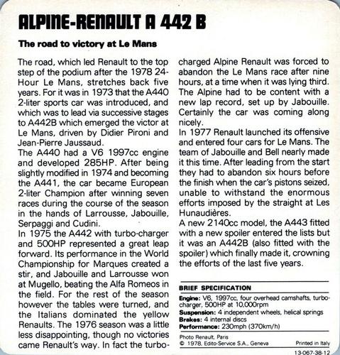 1978-80 Auto Rally Series 38 #13-067-38-12 Alpine-Renault A 442 B Back
