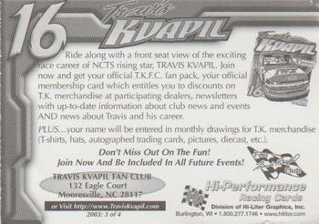2003 Hi-Performance Travis Kvapil Fan Club #3 Travis Kvapil Back