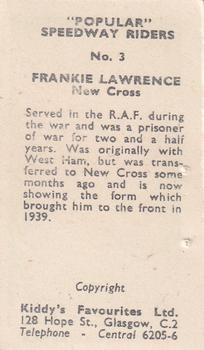 1950 Kiddy's Favourites Popular Speedway Riders #3 Frankie Lawrence Back