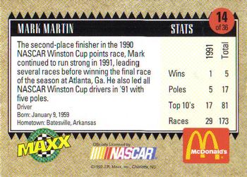 1992 Maxx McDonald's All-Star Race Team #14 Mark Martin Back
