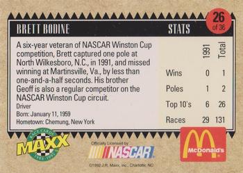 1992 Maxx McDonald's All-Star Race Team #26 Brett Bodine Back