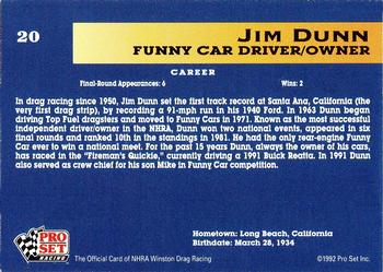 1992 Pro Set NHRA #20 Jim Dunn Back