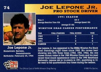 1992 Pro Set NHRA #74 Joe Lepone Jr. Back