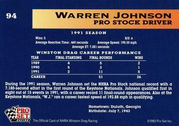 1992 Pro Set NHRA #94 Warren Johnson Back