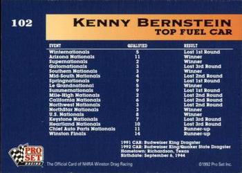 1992 Pro Set NHRA #102 Kenny Bernstein Back