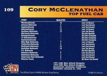 1992 Pro Set NHRA #109 Cory McClenathan's Car Back