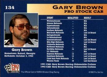1992 Pro Set NHRA #134 Gary Brown's Car Back