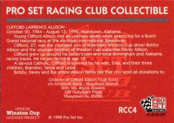 1992 Pro Set Racing Club #RCC4 Clifford Allison Back