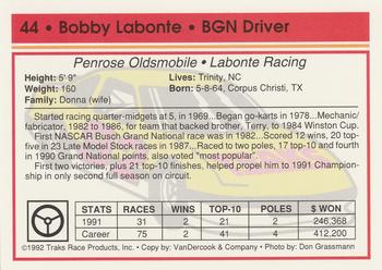 1992 Traks #44 Bobby Labonte Back