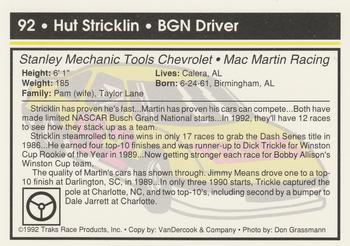 1992 Traks #92 Hut Stricklin / Bobby Allison Back