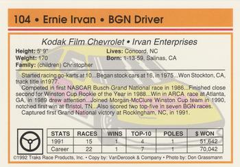 1992 Traks #104 Ernie Irvan Back
