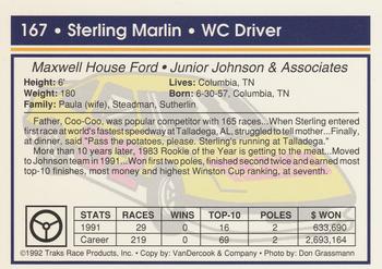 1992 Traks #167 Sterling Marlin Back