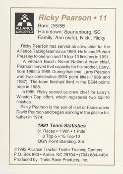 1992 Traks Alliance Robert Pressley #11 Ricky Pearson Back