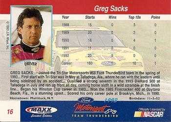 1993 Maxx Ford Motorsport #16 Greg Sacks Back