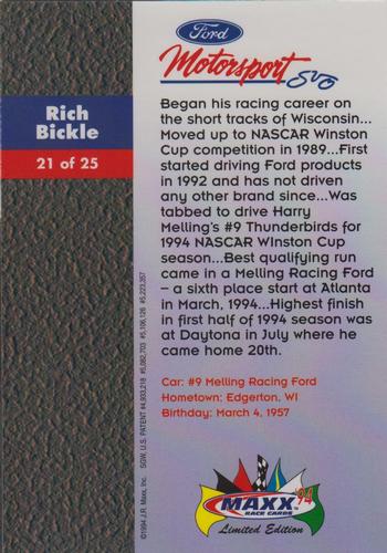 1994 Maxx Ford Motorsport #21 Rich Bickle Back