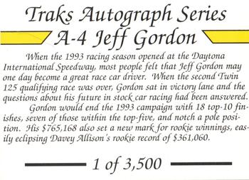 1994 Traks - Autograph Series #A-4 Jeff Gordon Back