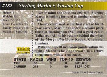 1994 Traks - First Run #182 Sterling Marlin Back