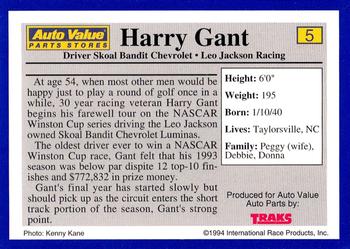 1994 Traks Auto Value #5 Harry Gant Back