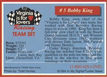 1994 Traks Hermie Sadler #5 Bobby King Back
