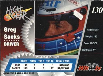 1994 Wheels High Gear - Gold #130 Greg Sacks Back