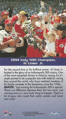 1995 SkyBox Indy 500 #72 Al Unser Jr. Back
