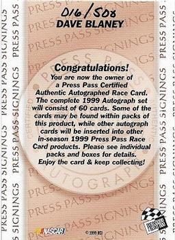 1999 Press Pass - Signings #NNO Dave Blaney Back