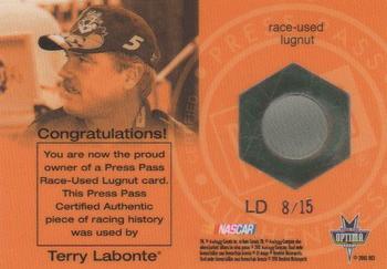 2001 Press Pass Optima - Race Used Lugnuts Drivers #LD 8 Terry Labonte Back