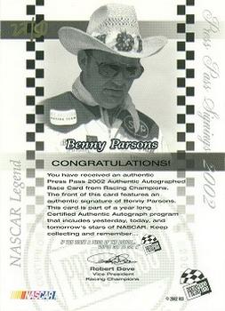 2002 Press Pass - Signings Gold #NNO Benny Parsons Back