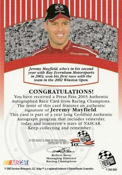 2003 Press Pass - Signings #NNO Jeremy Mayfield Back