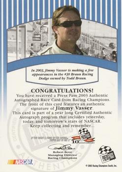 2003 Press Pass - Signings #NNO Jimmy Vasser Back