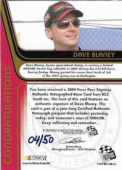 2004 Press Pass - Signings Gold #NNO Dave Blaney Back