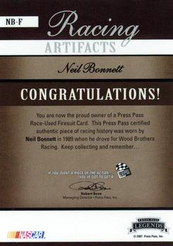 2007 Press Pass Legends - Racing Artifacts Firesuit Silver #NB-F Neil Bonnett Back