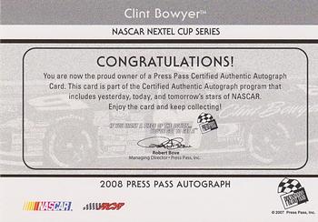 2008 Press Pass - Autographs #NNO Clint Bowyer Back