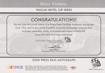 2008 Press Pass - Autographs #NNO Brian Vickers Back