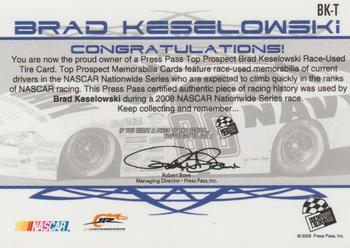 2008 Press Pass - Top Prospects Tires #BK-T Brad Keselowski Back