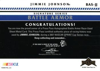 2008 Press Pass Stealth - Battle Armor Autographs #BAS-JJ Jimmie Johnson Back